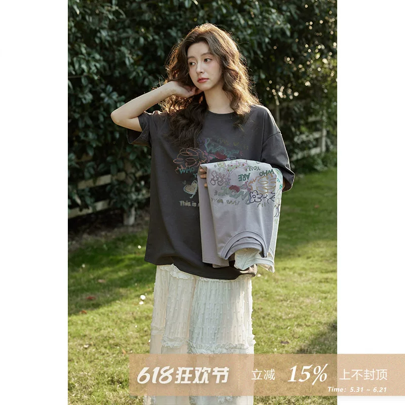 夕蒙2026新款夏韩系宽松慵懒风高级感上衣别致绝美小众短袖t恤女