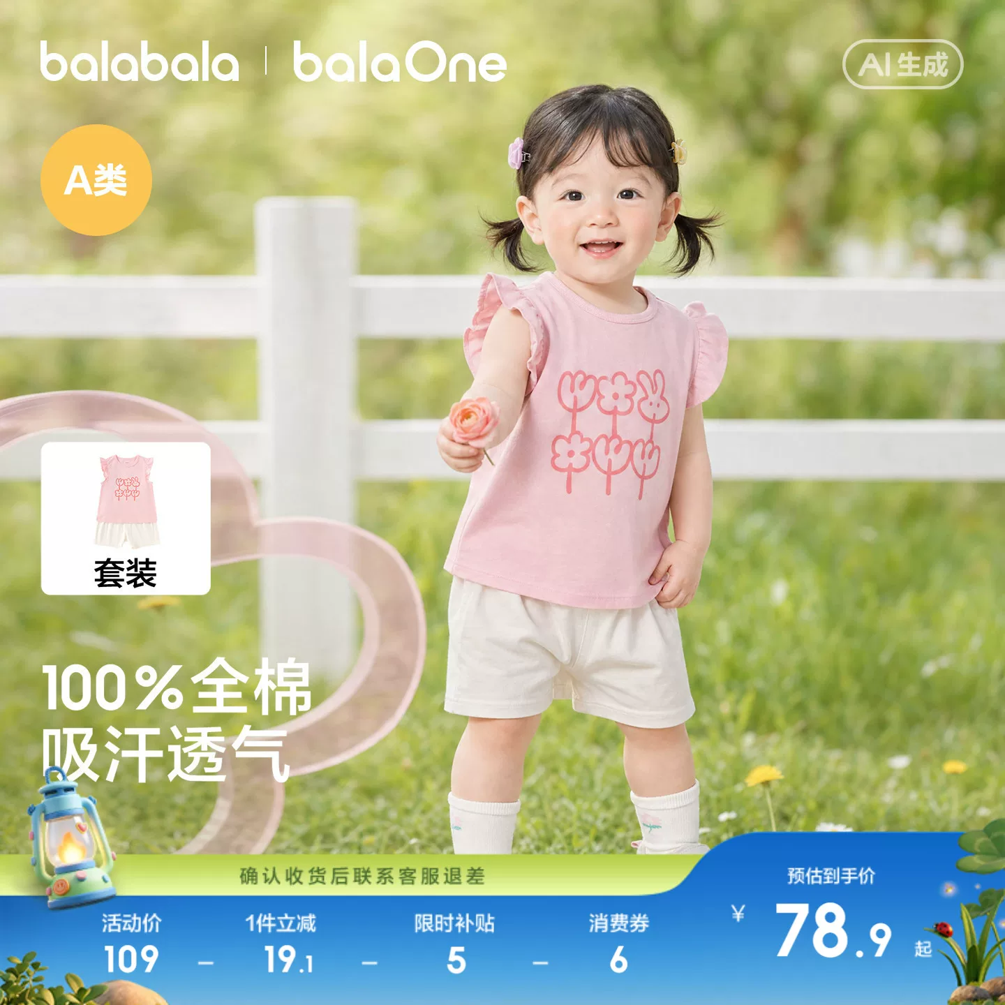 巴拉巴拉童装女童宝宝短袖套装婴儿t恤儿童裤子两件套2026夏装萌